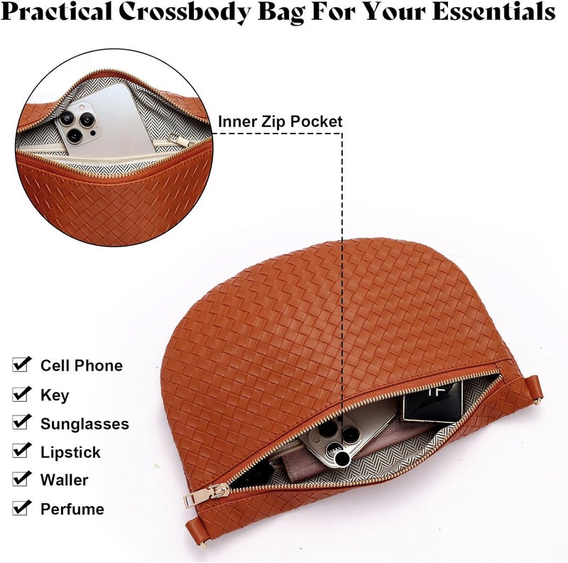 Dealkion Woven Crossbody Bags for Women Leather Belt Bum Sling Purse Fanny Waist Pack Chest Shoulder Bag for Women-Brown - Image 5